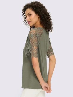 T-shirt à encolure ronde avec manches en dentelle transparente