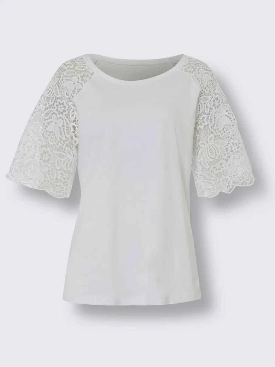 T-shirt à encolure ronde avec manches en dentelle transparente