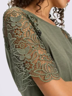 T-shirt à encolure ronde avec manches en dentelle transparente