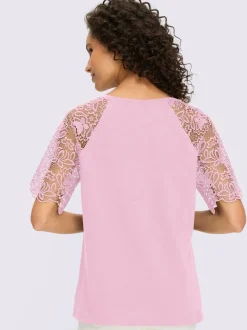 T-shirt à encolure ronde avec manches en dentelle transparente