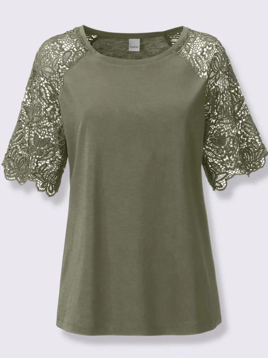 T-shirt à encolure ronde avec manches en dentelle transparente