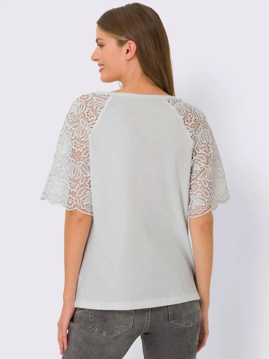 T-shirt à encolure ronde avec manches en dentelle transparente