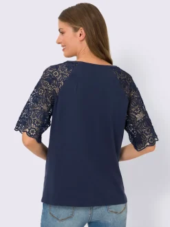 T-shirt à encolure ronde avec manches en dentelle transparente