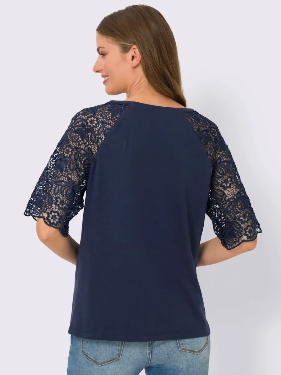 T-shirt à encolure ronde avec manches en dentelle transparente