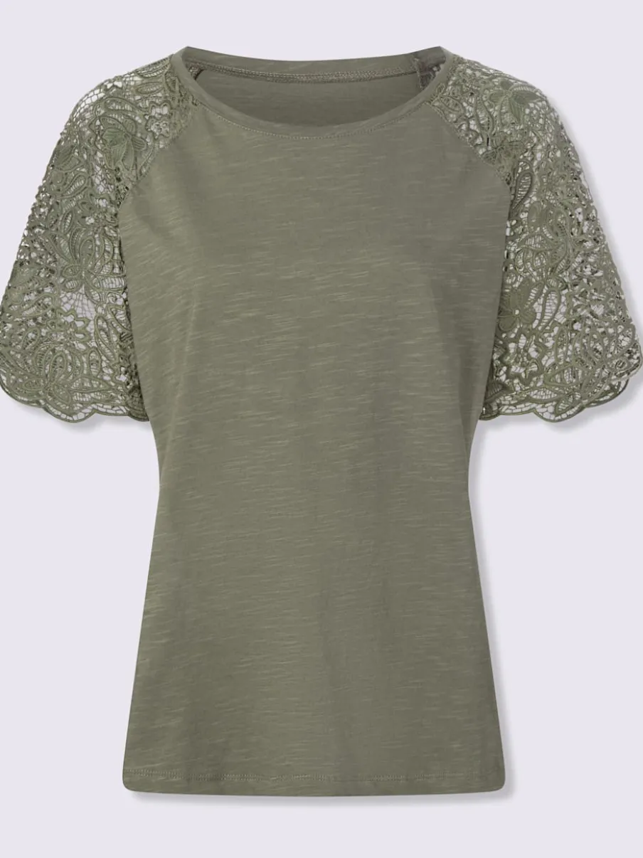 T-shirt à encolure ronde avec manches en dentelle transparente