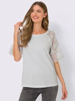 T-shirt à encolure ronde avec manches en dentelle transparente