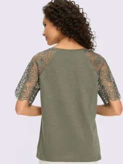 T-shirt à encolure ronde avec manches en dentelle transparente