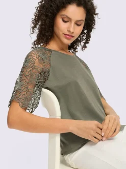 T-shirt à encolure ronde avec manches en dentelle transparente
