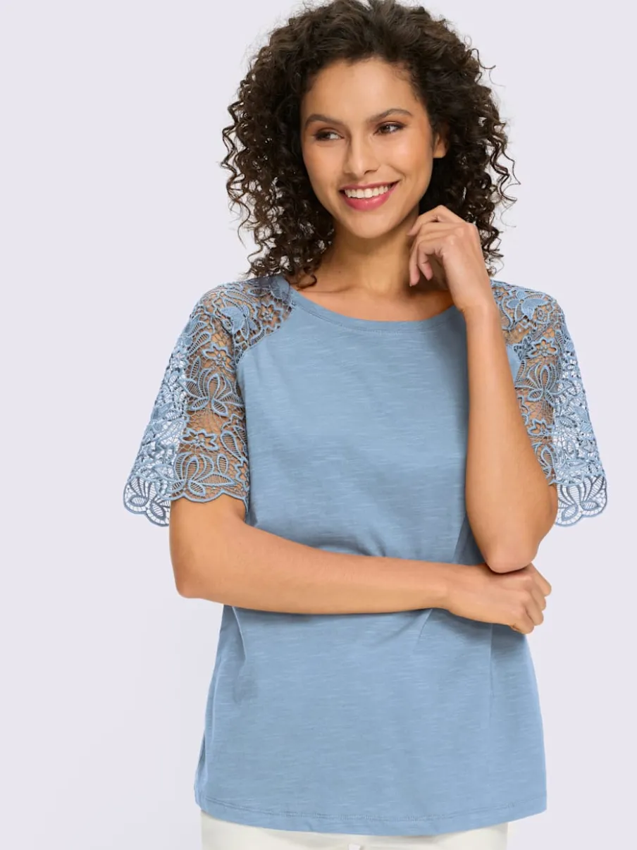 T-shirt à encolure ronde avec manches en dentelle transparente