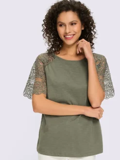 T-shirt à encolure ronde avec manches en dentelle transparente