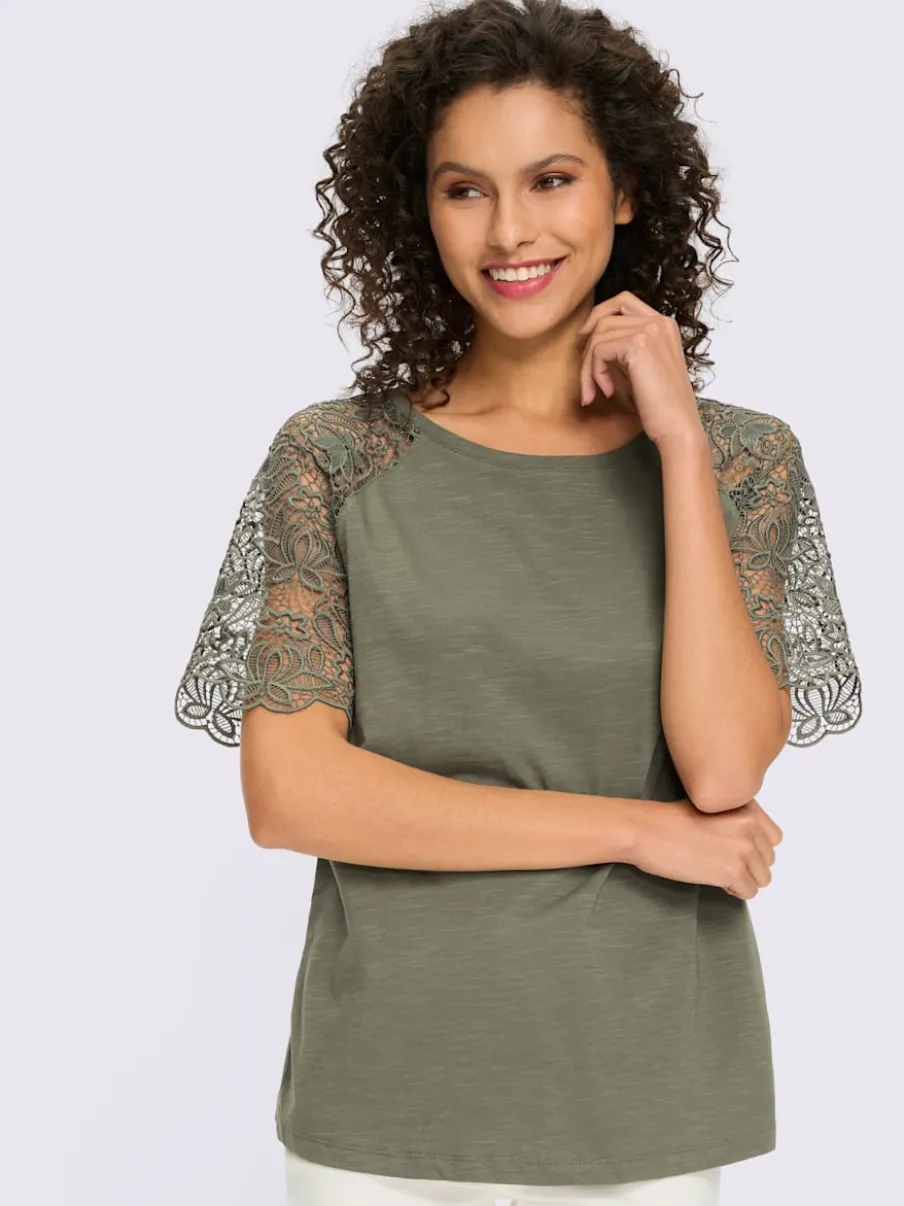 T-shirt à encolure ronde avec manches en dentelle transparente