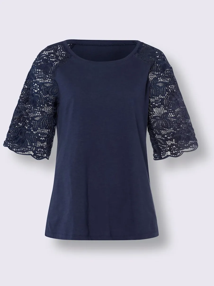 T-shirt à encolure ronde avec manches en dentelle transparente
