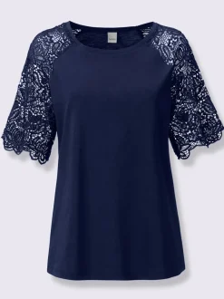 T-shirt à encolure ronde avec manches en dentelle transparente