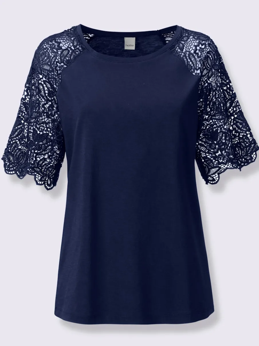 T-shirt à encolure ronde avec manches en dentelle transparente
