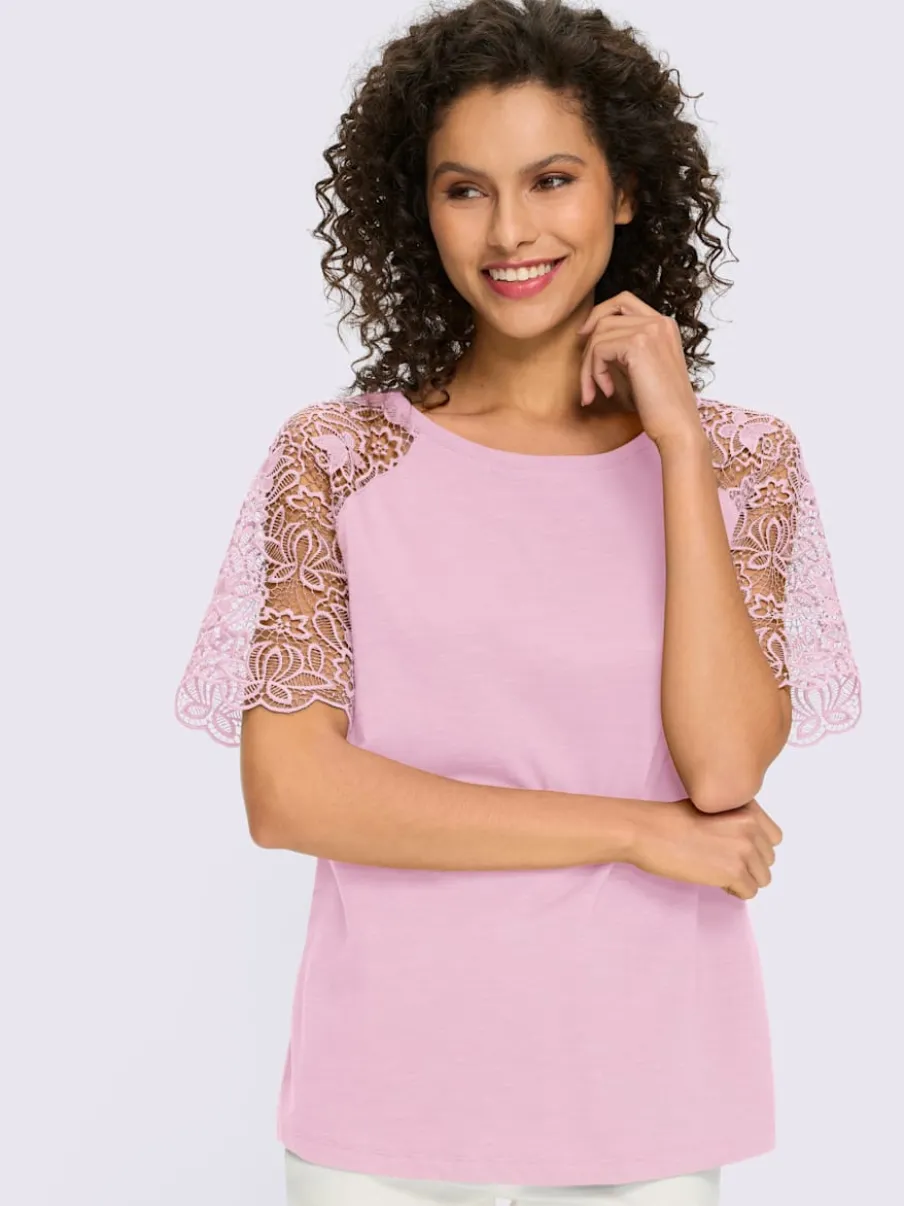T-shirt à encolure ronde avec manches en dentelle transparente