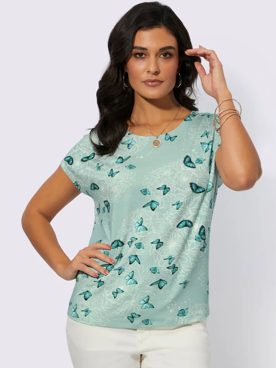 T-shirt à encolure ronde avec motif papillons mancherons