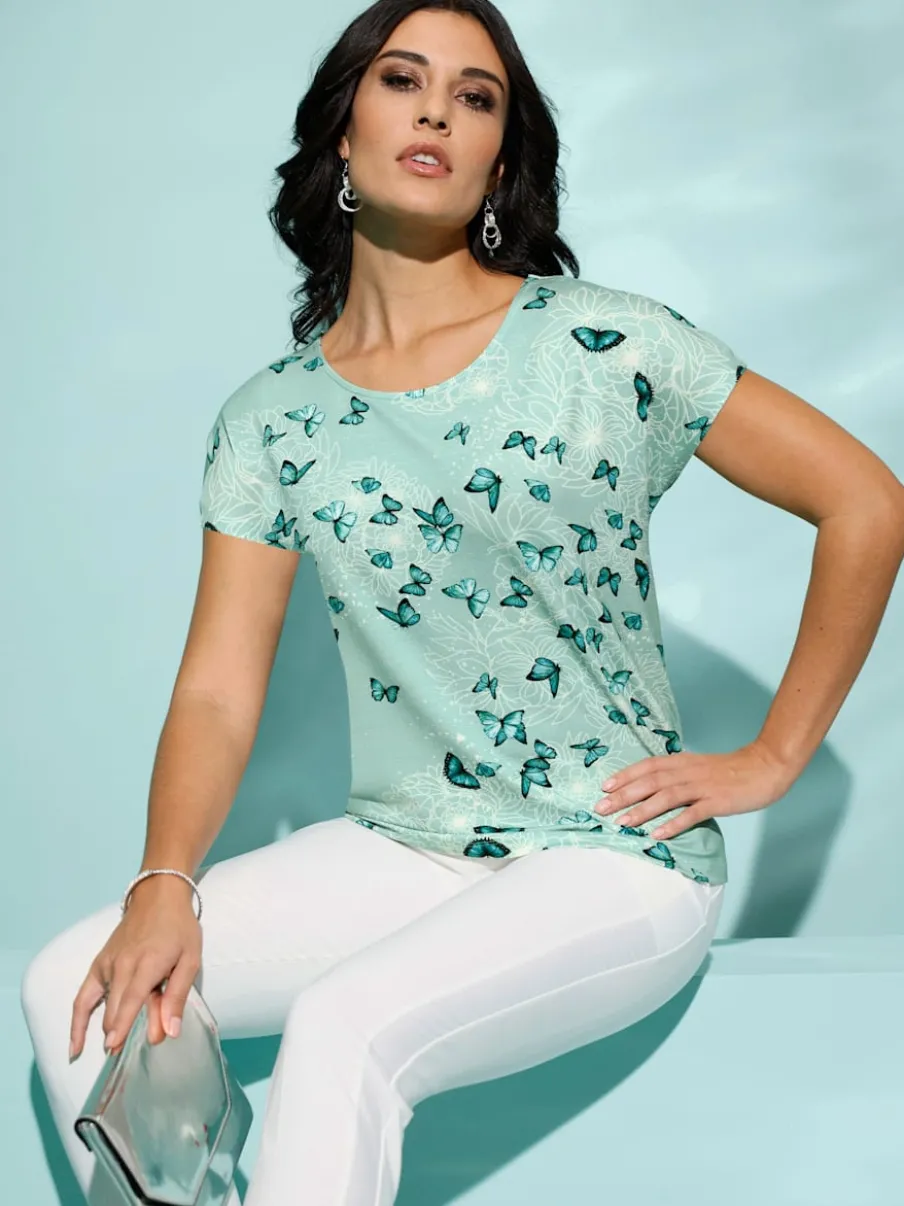 T-shirt à encolure ronde avec motif papillons mancherons