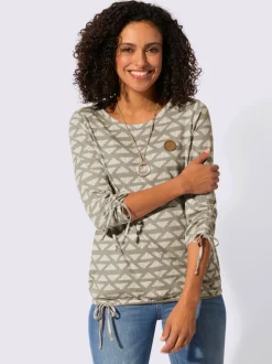 T-shirt à encolure ronde avec motif géométrique et manches 3/4 froncées