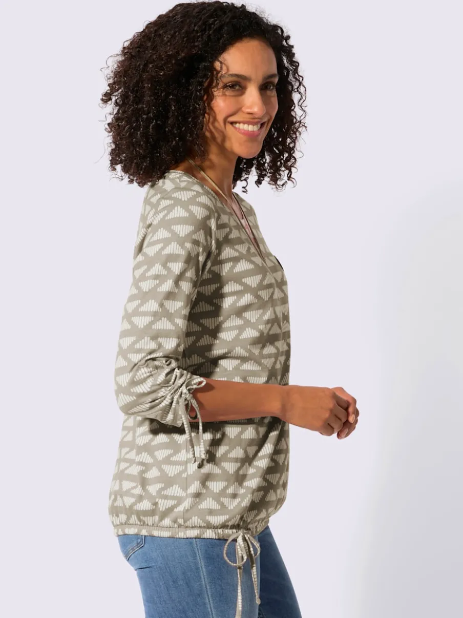 T-shirt à encolure ronde avec motif géométrique et manches 3/4 froncées