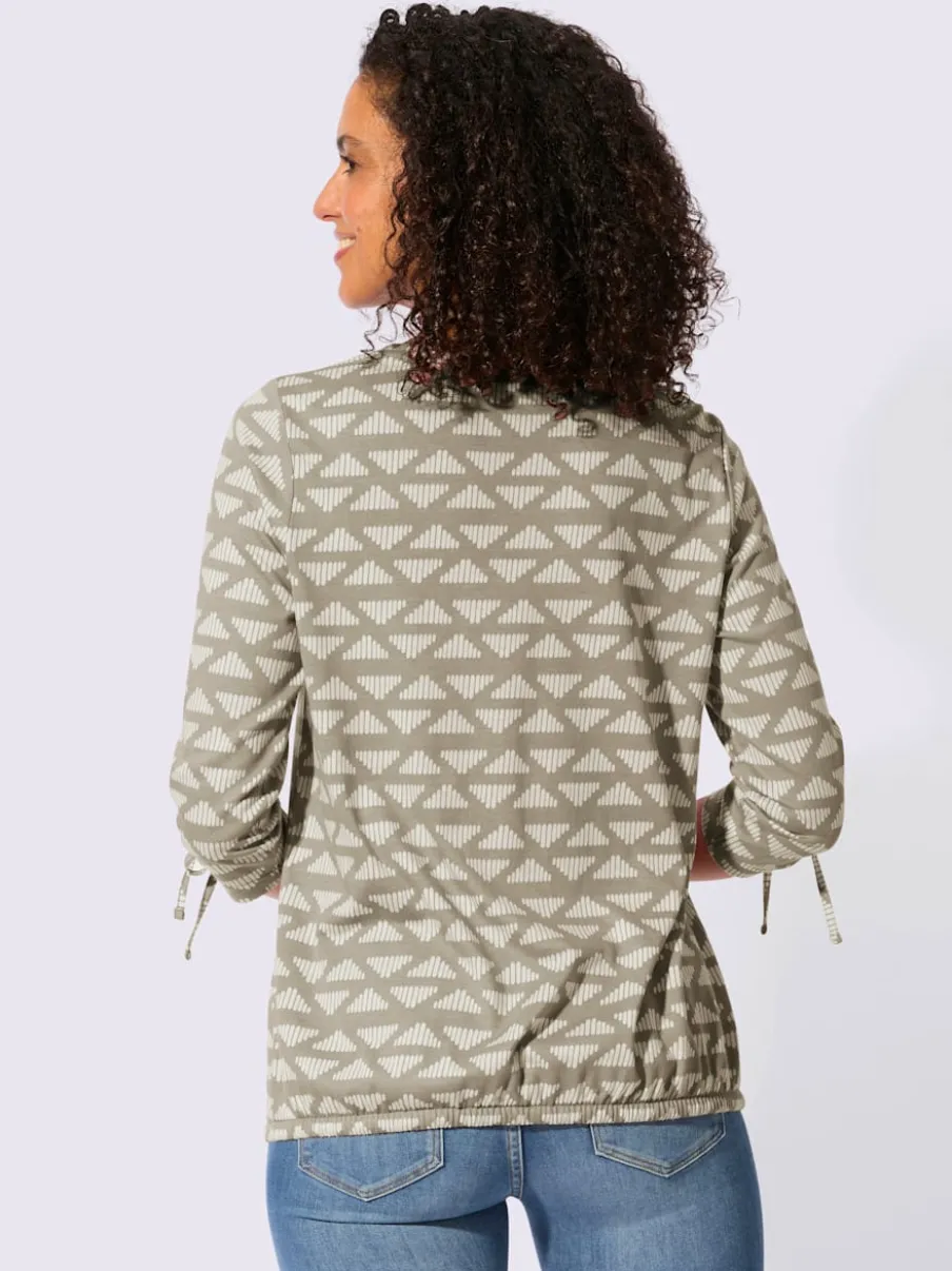 T-shirt à encolure ronde avec motif géométrique et manches 3/4 froncées