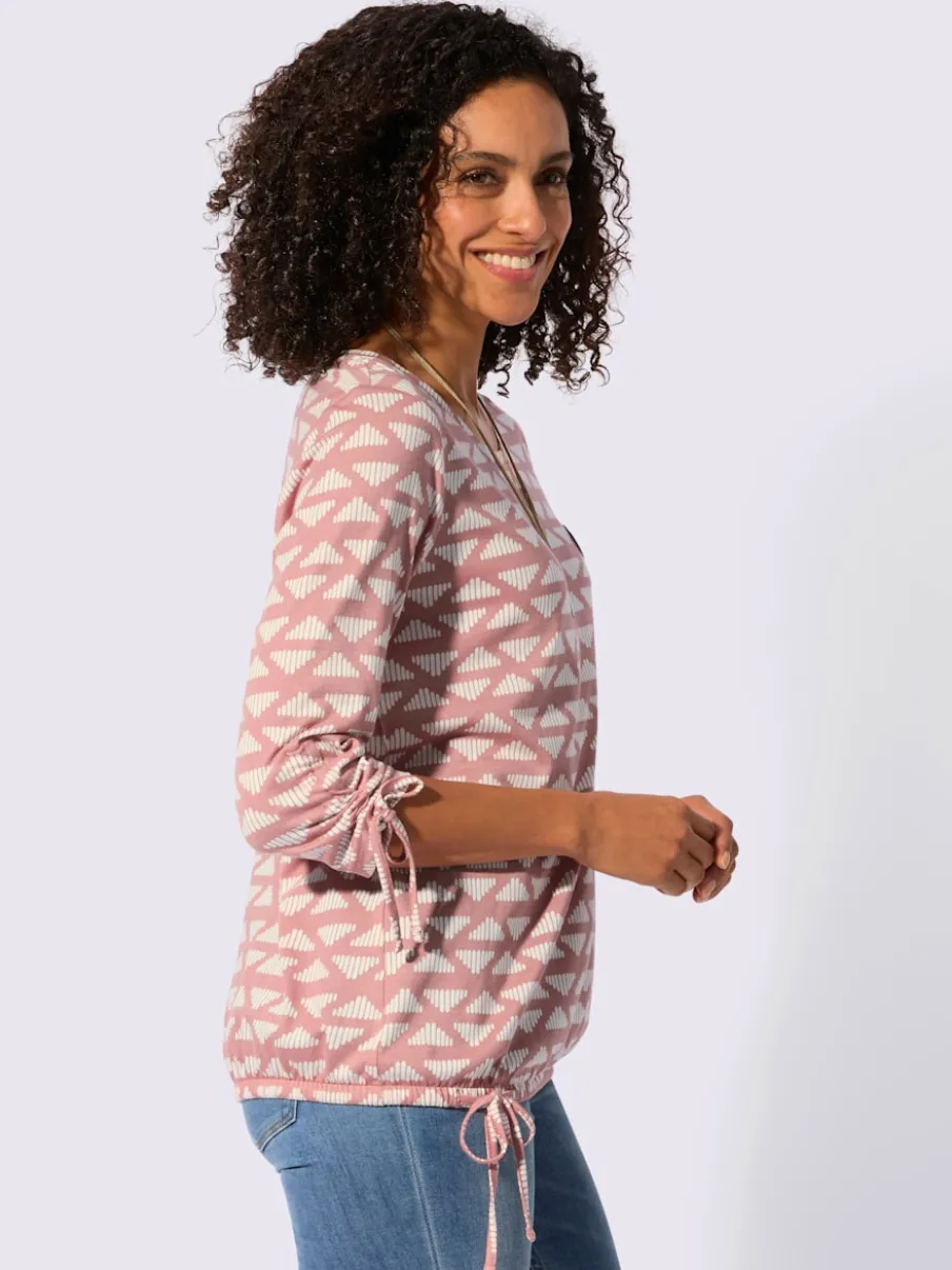 T-shirt à encolure ronde avec motif géométrique et manches 3/4 froncées