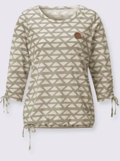 T-shirt à encolure ronde avec motif géométrique et manches 3/4 froncées
