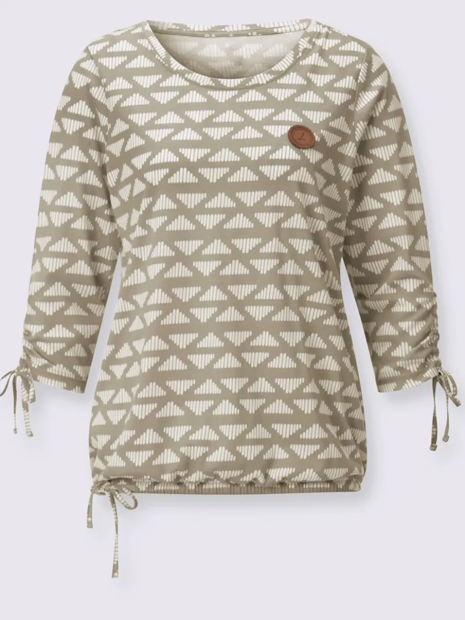 T-shirt à encolure ronde avec motif géométrique et manches 3/4 froncées