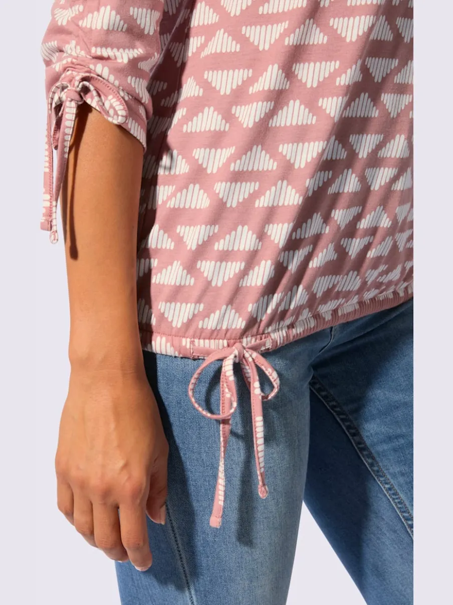 T-shirt à encolure ronde avec motif géométrique et manches 3/4 froncées