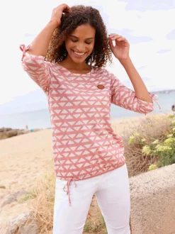 T-shirt à encolure ronde avec motif géométrique et manches 3/4 froncées