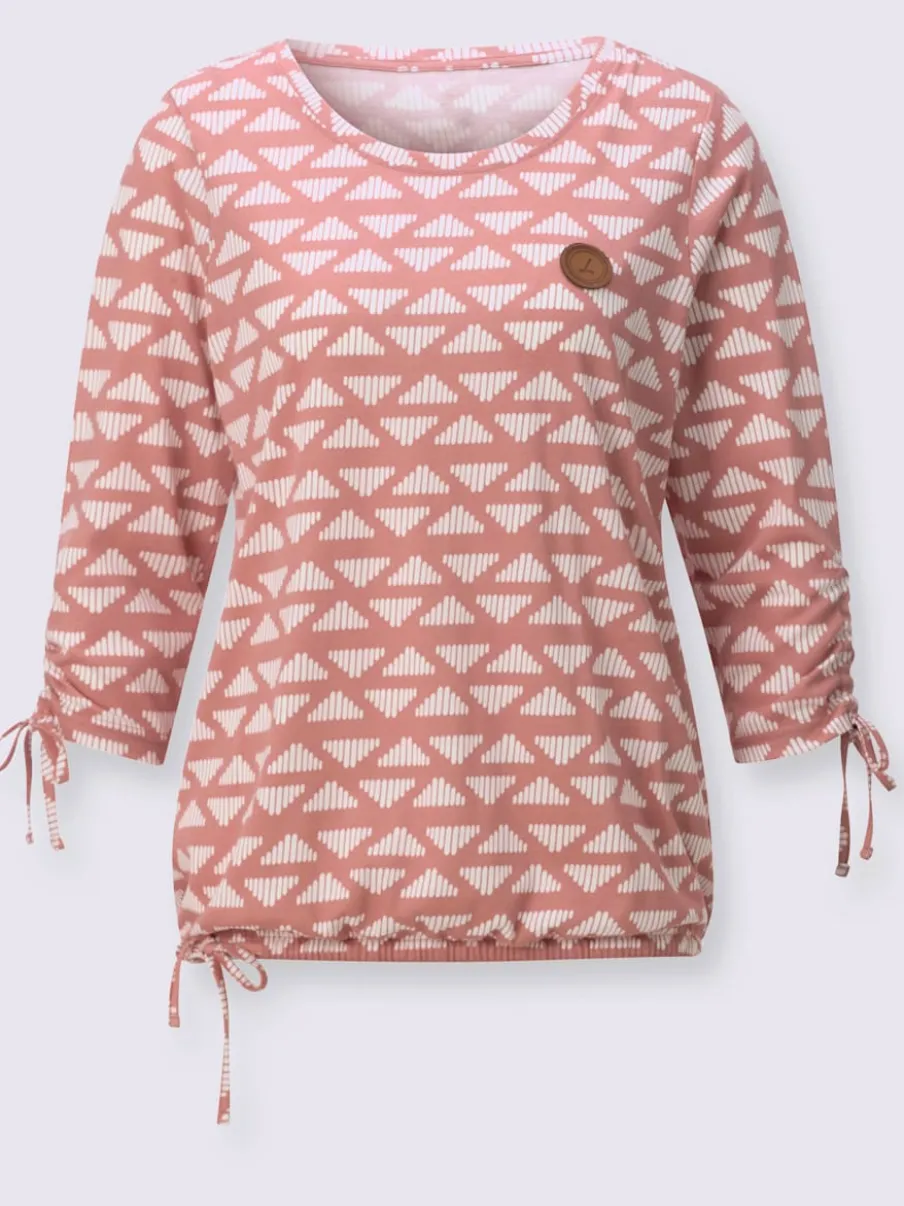 T-shirt à encolure ronde avec motif géométrique et manches 3/4 froncées