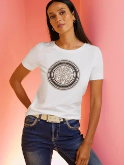 T-shirt à encolure ronde avec motif moderne et pierres