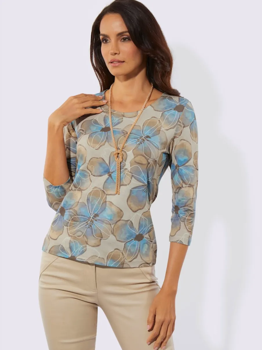 T-shirt à encolure ronde avec motifs floraux et manches 3/4