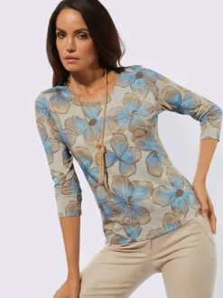 T-shirt à encolure ronde avec motifs floraux et manches 3/4