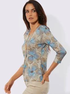 T-shirt à encolure ronde avec motifs floraux et manches 3/4