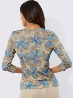 T-shirt à encolure ronde avec motifs floraux et manches 3/4