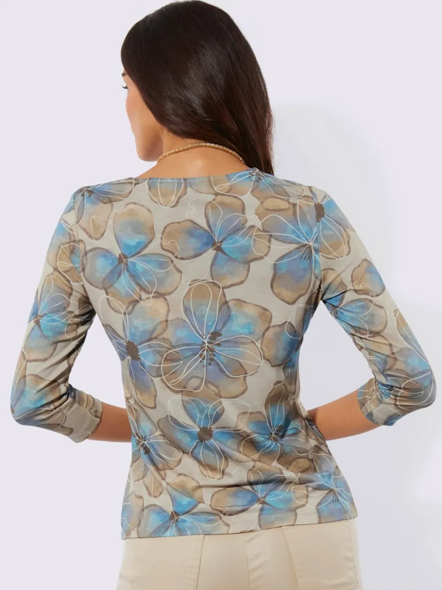 T-shirt à encolure ronde avec motifs floraux et manches 3/4