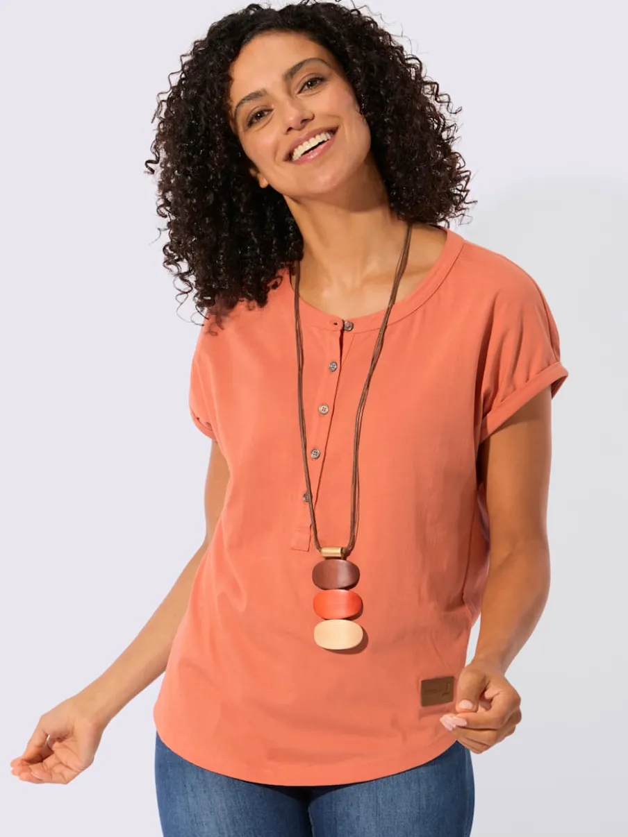 T-shirt à encolure ronde avec patte de boutonnage et mancherons
