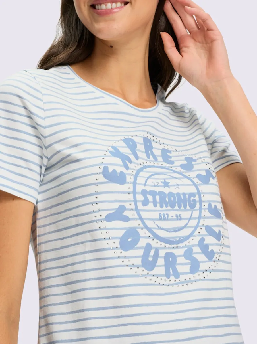 T-shirt à encolure ronde avec rayures et inscription en pierres fantaisie