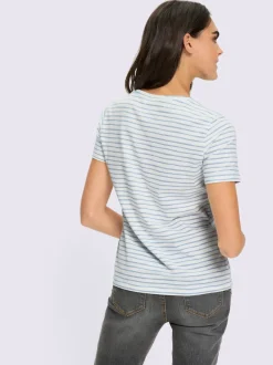 T-shirt à encolure ronde avec rayures et inscription en pierres fantaisie