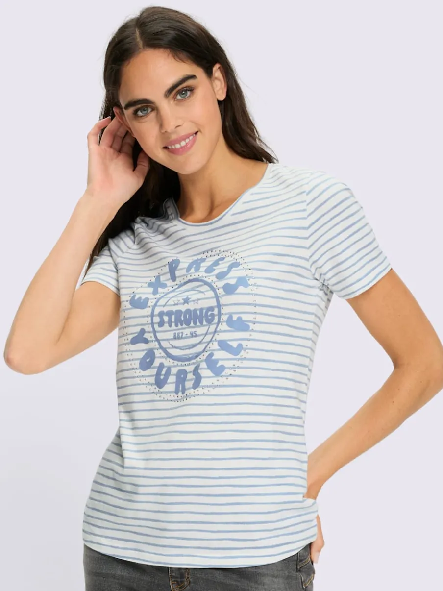 T-shirt à encolure ronde avec rayures et inscription en pierres fantaisie