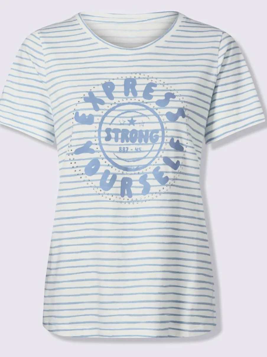 T-shirt à encolure ronde avec rayures et inscription en pierres fantaisie