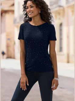 T-shirt à encolure ronde avec strass scintillants et manches courtes