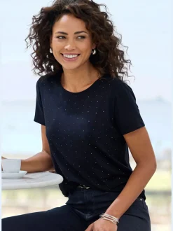 T-shirt à encolure ronde avec strass scintillants et manches courtes
