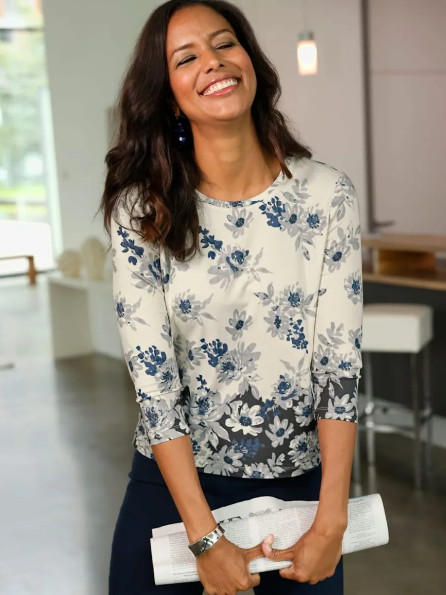 T-shirt à encolure ronde en viscose aux motifs floraux