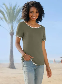 T-shirt à encolure ronde et manches courtes avec bords ondulés