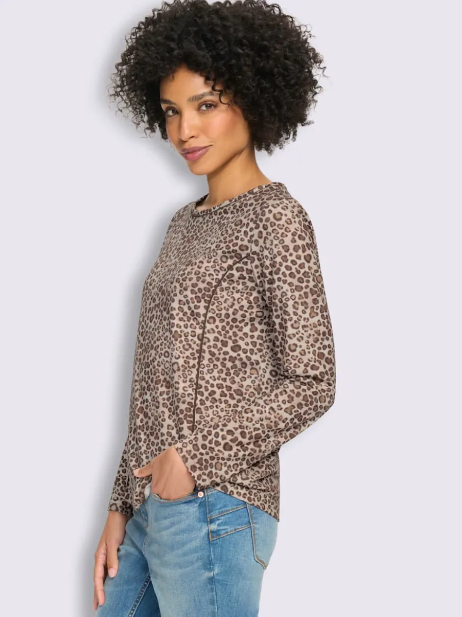 T-shirt à encolure ronde et manches longues avec motif léopard