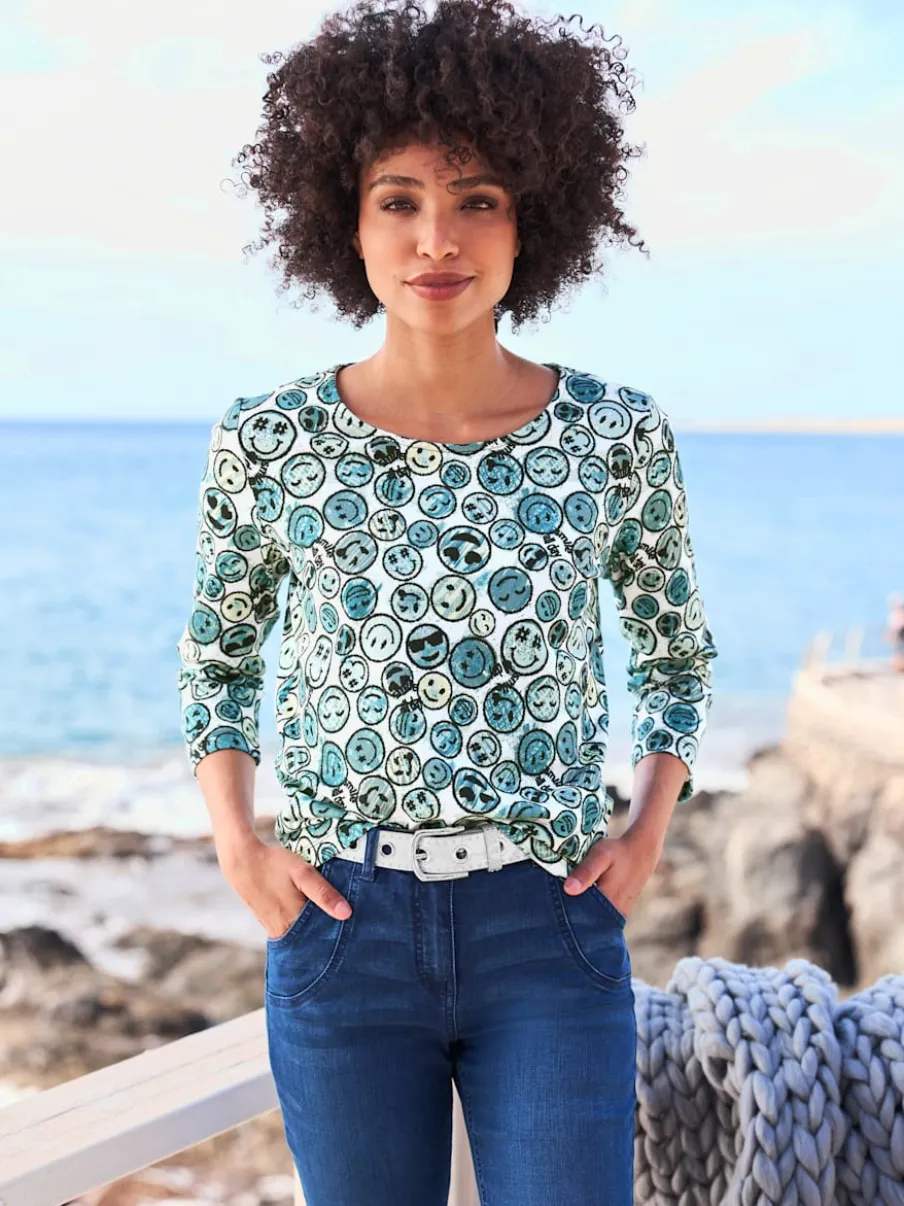T-shirt à encolure ronde imprimé smileys en coton doux