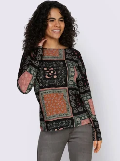 T-shirt à encolure ronde manches longues motif patchwork