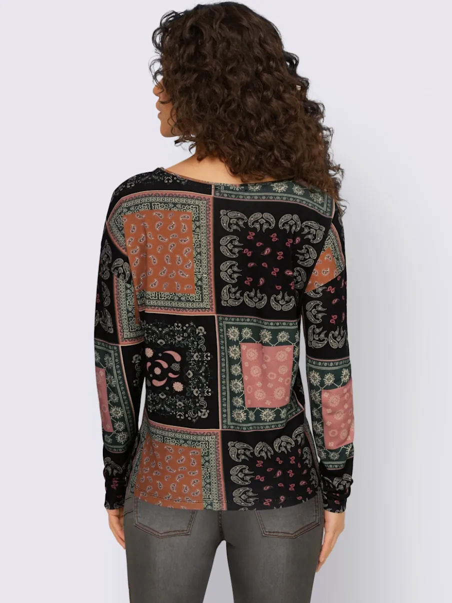 T-shirt à encolure ronde manches longues motif patchwork