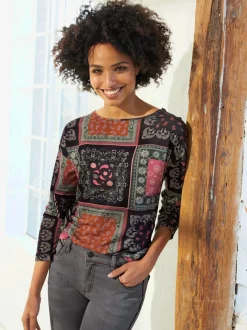 T-shirt à encolure ronde manches longues motif patchwork